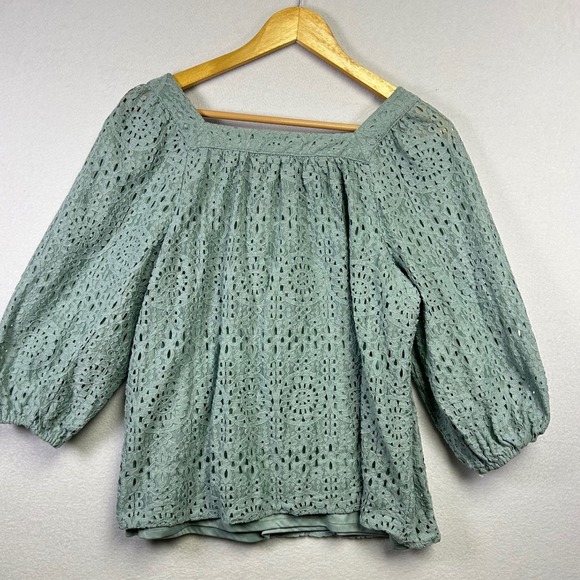 LC Lauren Conrad Square Neck Eyelet Puff Sleeve‎ Blouse Mint Green Size M - Picture 5 of 10